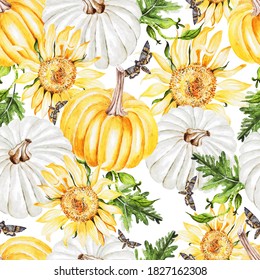 Beautiful watercolor seamless pattern with sunflower, pumpkins and leaves. Illustration