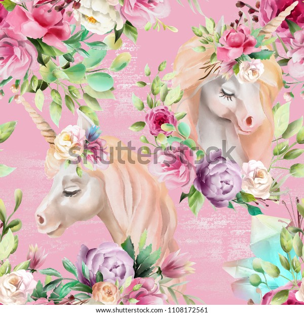 ピンクの背景に美しい水彩のユニコーンの姫 紫とクリームの牡丹のペガサス ピンクのバラ 魔法のクリスタルと花 きらめくシームレスなパターンの花束 のイラスト素材