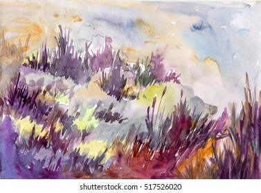 Beautiful watercolor view of grass illustration poster print painting 