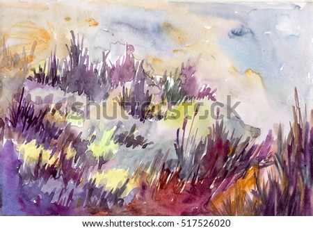 Beautiful watercolor view of grass illustration poster print painting 