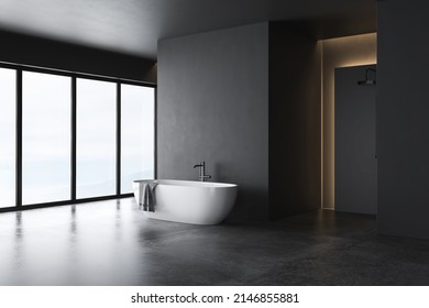 Beautiful White Bathtub In Centre Of Dark Grey Bathroom. Minimalist Design Of Modern Marble Bathroom 3D Rendering, No People
