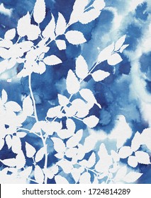 Beautiful white branches, indigo watercolor background. Decorative picture for creative design of cards, invitations, banners, websites, posters, etc.
