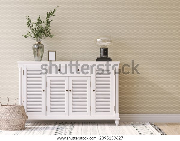 A beautiful white british colonial wooden\
console sideboard with louvered doors and drawer in a living room.\
Lamp, Vase, Leafs plant, Wooden floor, Dots wallpaper, Rugs, Rattan\
basket, Home Decor, 3D