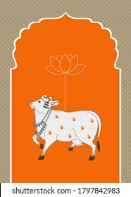 A Beautiful White Indian Cow Illustration with Orange Color Background for your Modern Home Wall Decore
