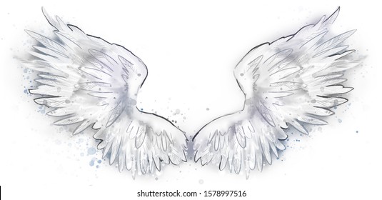 Beautiful White Magic Wings Watercolor Drawing