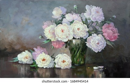beautiful white and pink peonies in a glass vase,oil paintings on canvas, fine art, reflection, still life, vase, flowers, spring