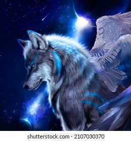 blue wolf with wings