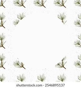 Beautiful winter background featuring pine branches and snowflakes in a circular design