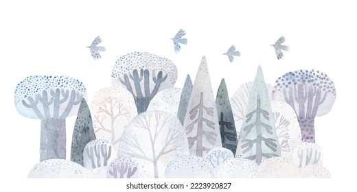 Beautiful winter forest  Snow  covered trees  firs  bushes  snowdrifts  Watercolor illustration 