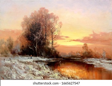 Beautiful Winter Sunset After Snowfall,oil Painting, Fain Art,handmade Painting, Rural Landscape, Tree, River, Nature, Fine Art, Landscape, Water, 