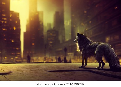 A Beautiful Wolf Hunting Prey. Dangerous Animal In The City. A Lone Wolf In The City. Dark City At Night. The Dark Wolf Goes Out To Hunt.