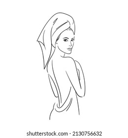 Beautiful woman in bath towel  Stock  illustration isolated white background  Line girl 