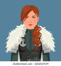 Beautiful Woman Dressed As Medieval Knight In Decorated Suit Of Armor, Cartoon  Illustration Isolated On Background. Portrait Of Woman Knight In Armor Holding Big Sword