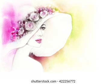 Beautiful woman with elegant hat. Abstract fashion watercolor illustration