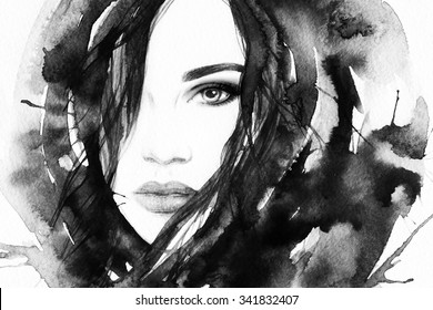 Beautiful Woman Face. Abstract Fashion Watercolor Illustration