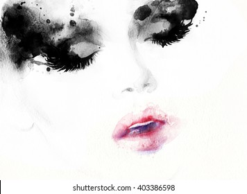 Beautiful Woman Face. Abstract Fashion Watercolor Illustration