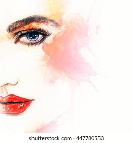 Beautiful Woman Face. Abstract Fashion Watercolor Illustration