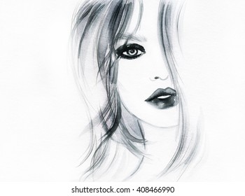 Beautiful Woman Face Watercolor Illustration Stock Illustration ...