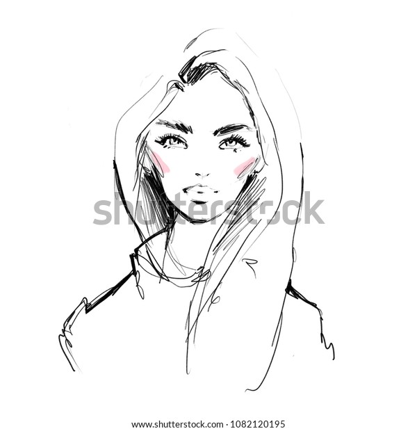 Beautiful Woman Face Portrait Black White Stock Illustration