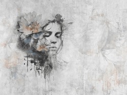 Beautiful Woman Face With Spectacular Flowers On Concrete Wall. Mural. Art Painting On The Wall. Illustration For Wallpaper, Decoration, Poster, Card.