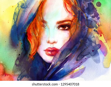 Beautiful Woman Fashion Illustration Watercolor Painting Stock Illustration 1295407018