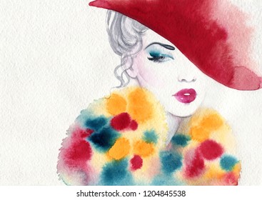 beautiful woman in fur coat. fashion illustration. watercolor painting