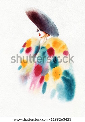beautiful woman in fur coat. fashion illustration. watercolor painting