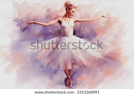 Beautiful woman with hair up in elegant white dress against delicate background of pastel shades. Hand drawn illustration of dancing ballet movement.