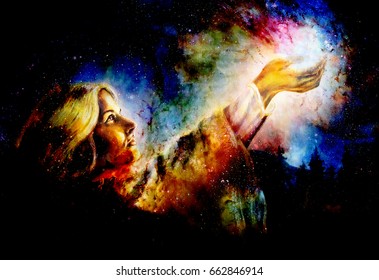 Beautiful Woman With Hands Holding Light, Computer Graphic From Painting. Cosmic Space Background.