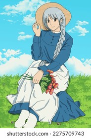Beautiful woman holding flowers anime howls moving castle  Sophie Hatter  Isolated and grass   sky background 
