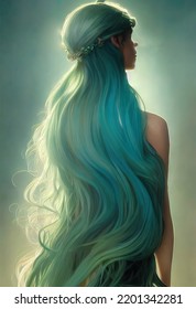 Beautiful Woman With Long Blue  Hair Portrait