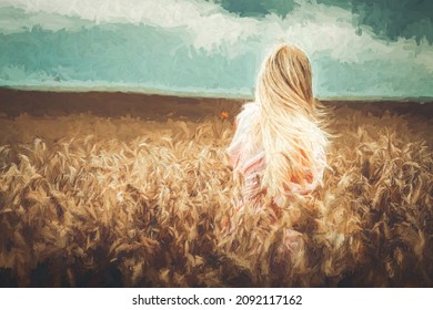 Beautiful Woman In Ornamental Clothing In A Wheat Field. Painting Effect.