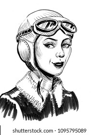 Beautiful Woman Pilot In Helmet. Ink Black And White Illustration