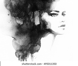 Beautiful woman portrait. Abstract fashion watercolor illustration