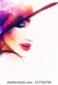 Beautiful woman portrait. Elegant hat. Abstract fashion watercolor illustration