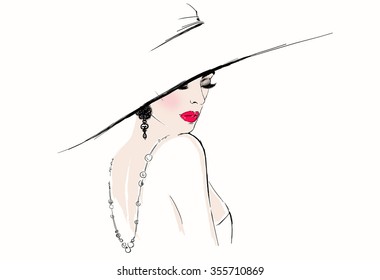Beautiful woman portrait with hat. abstract illustration .digital art. fashion background