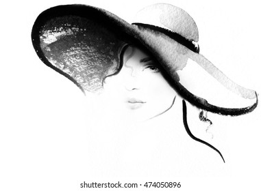 Beautiful woman portrait with hat. Abstract fashion watercolor illustration