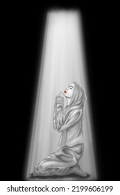 A Beautiful Woman Praying On Knees Under The Light