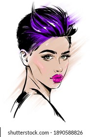 beautiful woman with short modern violet hairstyle