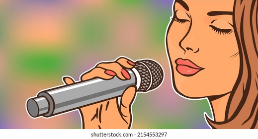 Beautiful woman singer with a microphone. Face close up. Music and vocals. Artist at the concert. Cartoon illustration in pop art style - Powered by Shutterstock