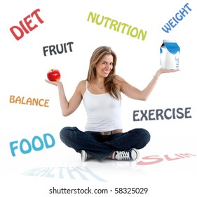 Beautiful woman smiling with diet and nutrition words on the background - Powered by Shutterstock