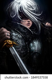 A beautiful woman warrior in plate armor with two daggers, she has white hair of a square, and her eyes tied with a black mask, she smiles slightly. 2D illustration in anime style.