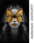 Beautiful women with a fantastic Golden Lips and butterfly. decoration and interior, canvas art, abstract. gold