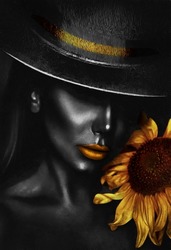 Beautiful Women With A Fantastic Golden Lips With Hat And Sun Flower. Decoration And Interior, Canvas Art, Abstract. Gold