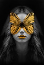 Beautiful Women With A Fantastic Golden Lips And Butterfly. Decoration And Interior, Canvas Art, Abstract. Gold