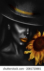 Beautiful women with a fantastic Golden Lips with hat and sun flower. decoration and interior, canvas art, abstract. gold