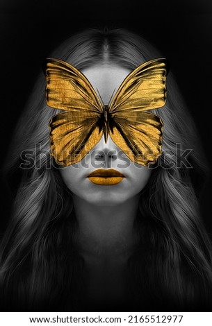 Beautiful women with a fantastic Golden Lips and butterfly. decoration and interior, canvas art, abstract. gold