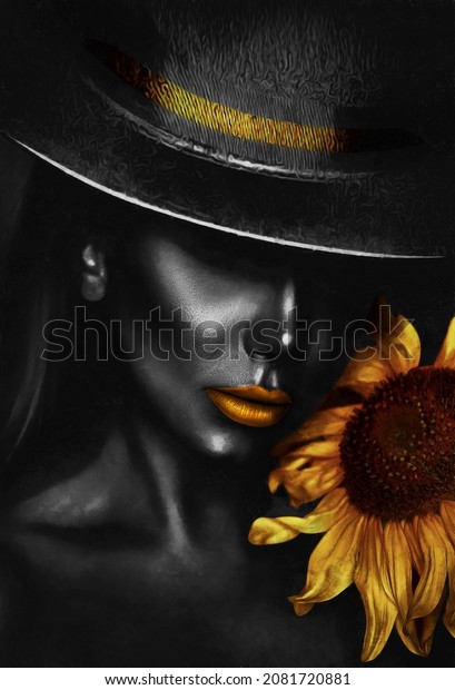 Beautiful women with a fantastic Golden Lips with hat and sun flower. decoration and interior, canvas art, abstract. gold