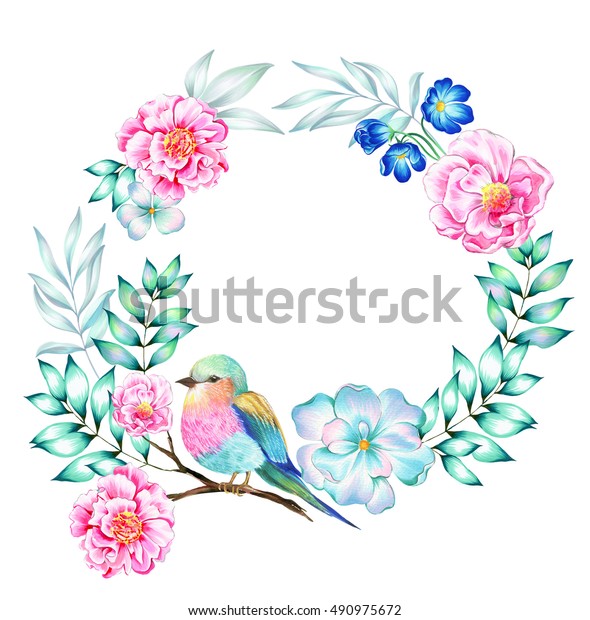 花 葉 小枝 エキゾチックな鳥の美しい花輪 水彩の驚くべき超現実的なイラスト 細かい絵 古風なビンテージデザイン 白い背景に のイラスト素材