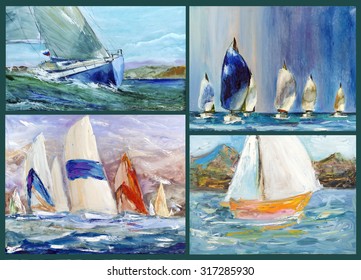 Beautiful yacht. Regatta set. Painting, pictorial art